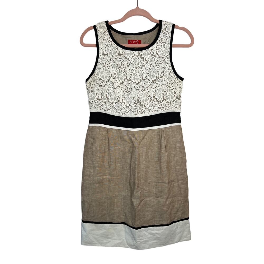 Rene Derhy Sheath Linen Tan Ivory Black Sleeveless Lace Top  Midi Dress Size S